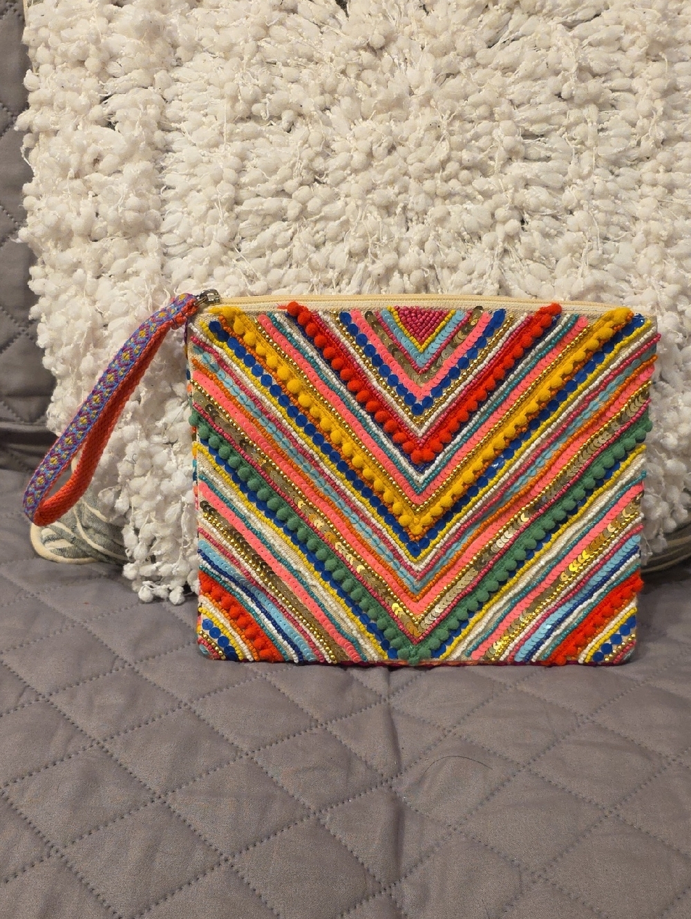 America & Beyond Colorful Multicolor Beaded Embellished Chevron Wristlet Clutch